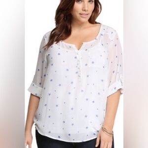 Torrid white semi sheer blouse with blue stars design!